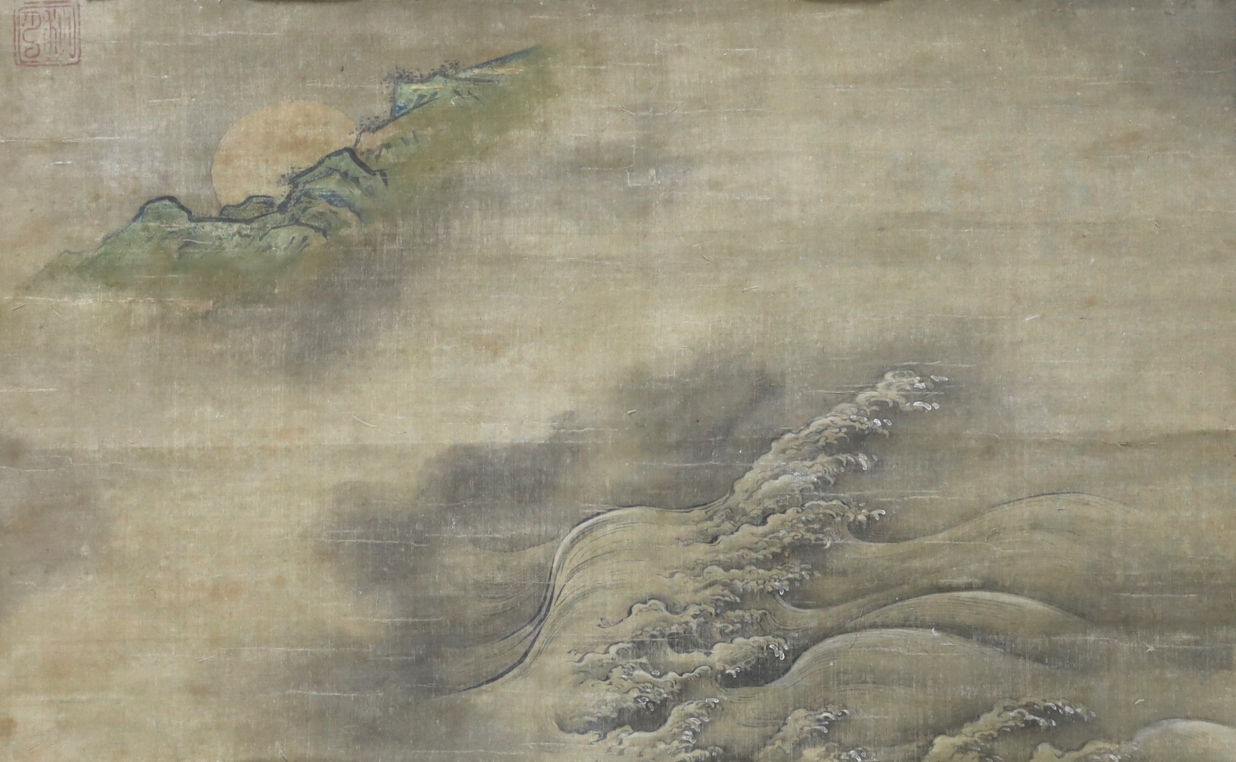 Japanese School, late Edo period, scroll painting of waves and the moon behind rocks, image 28.5cm x 46.5cm